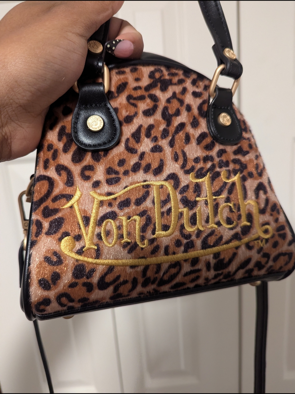 Von Dutch Leopard Print Mini Satchel Bag in Brown with Gold Logo